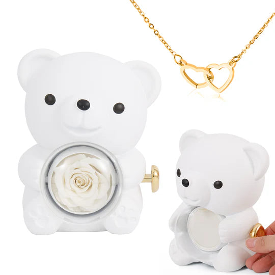 Eternal Rose Bear & Engraved Necklace Set